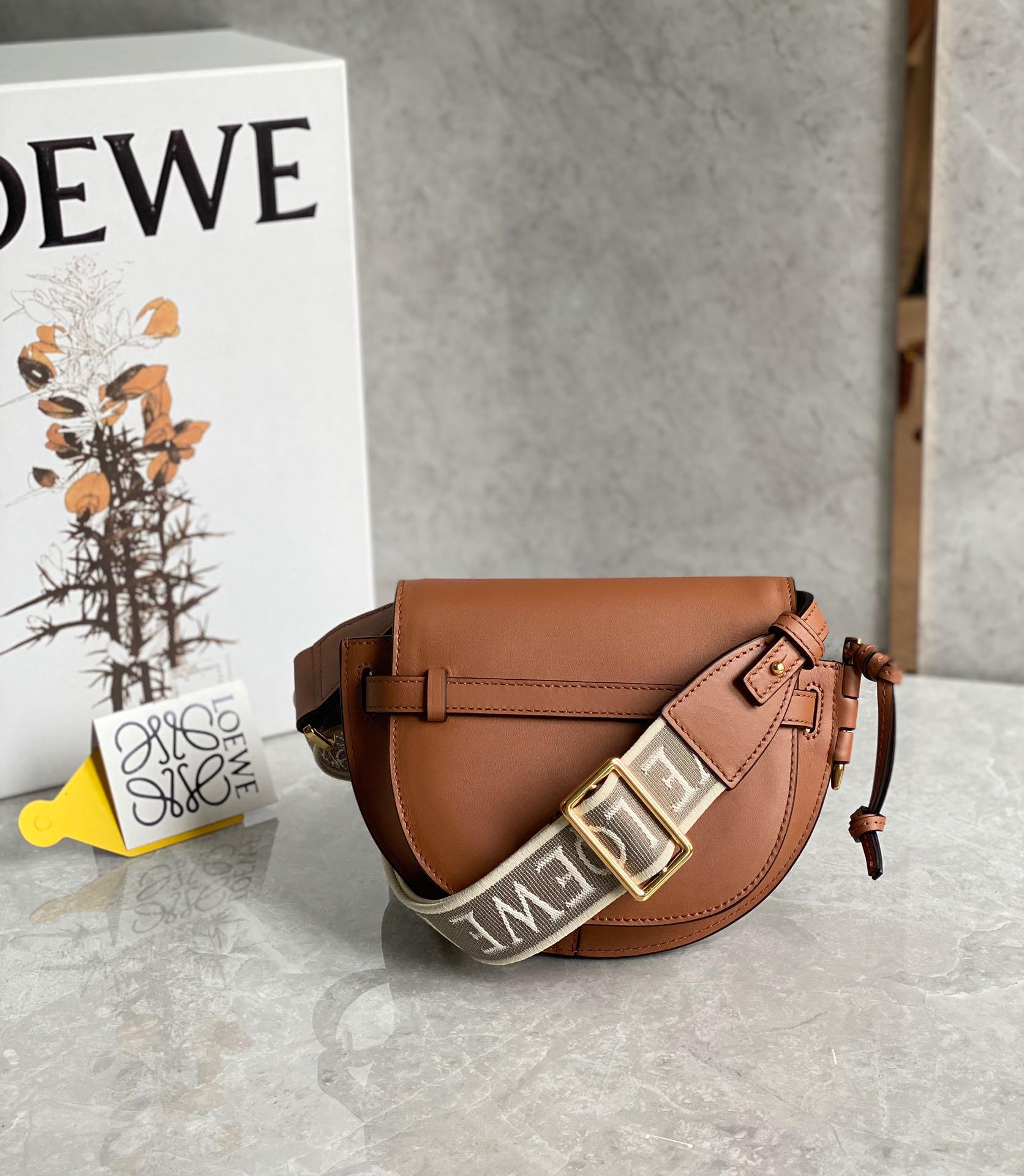 Loewe Mini Gate Dual Bag in Soft Calfskin and Jacquard Brown